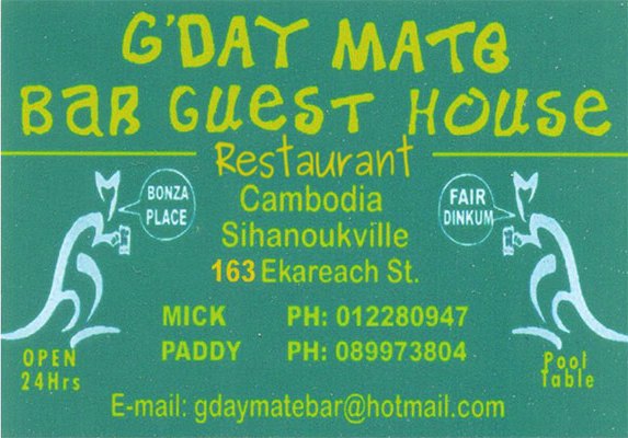 G'Day Mate Guesthouse and Bar in Sihanoukville, Cambodia.