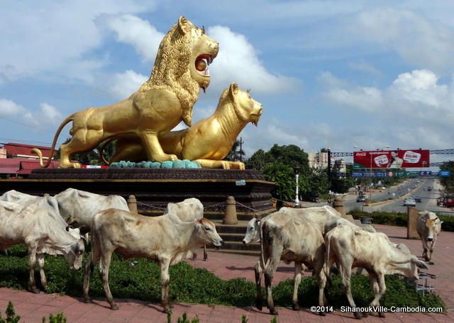 Golden Lions Circle in Sihanoukville, Cambodia.