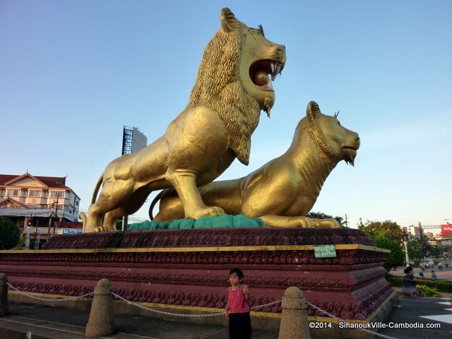 Golden Lions Circle in Sihanoukville, Cambodia.