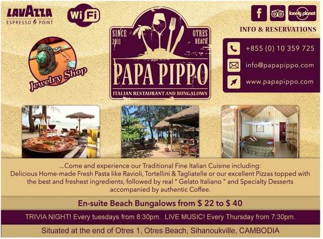 Papa Pippo Bungalows, Bar & Restaurant in Sihanoukville, Cambodia.  Otres Beach.
