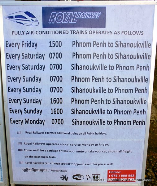 Cambodian Train Schedule from SihanoukVille, Kampot, Phnom Penh, and Kampot in Cambodia.