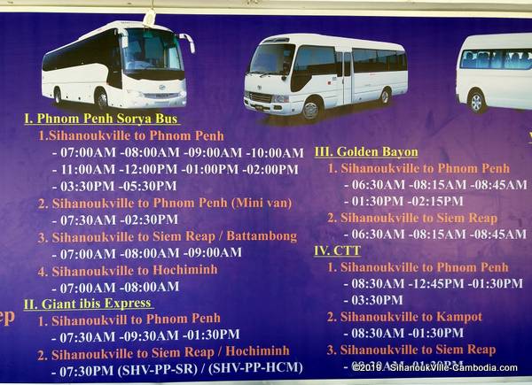 Bus Schedule to Phnom Penh, Kampot, and Koh Kong from Sihanoukville, Cambodia.